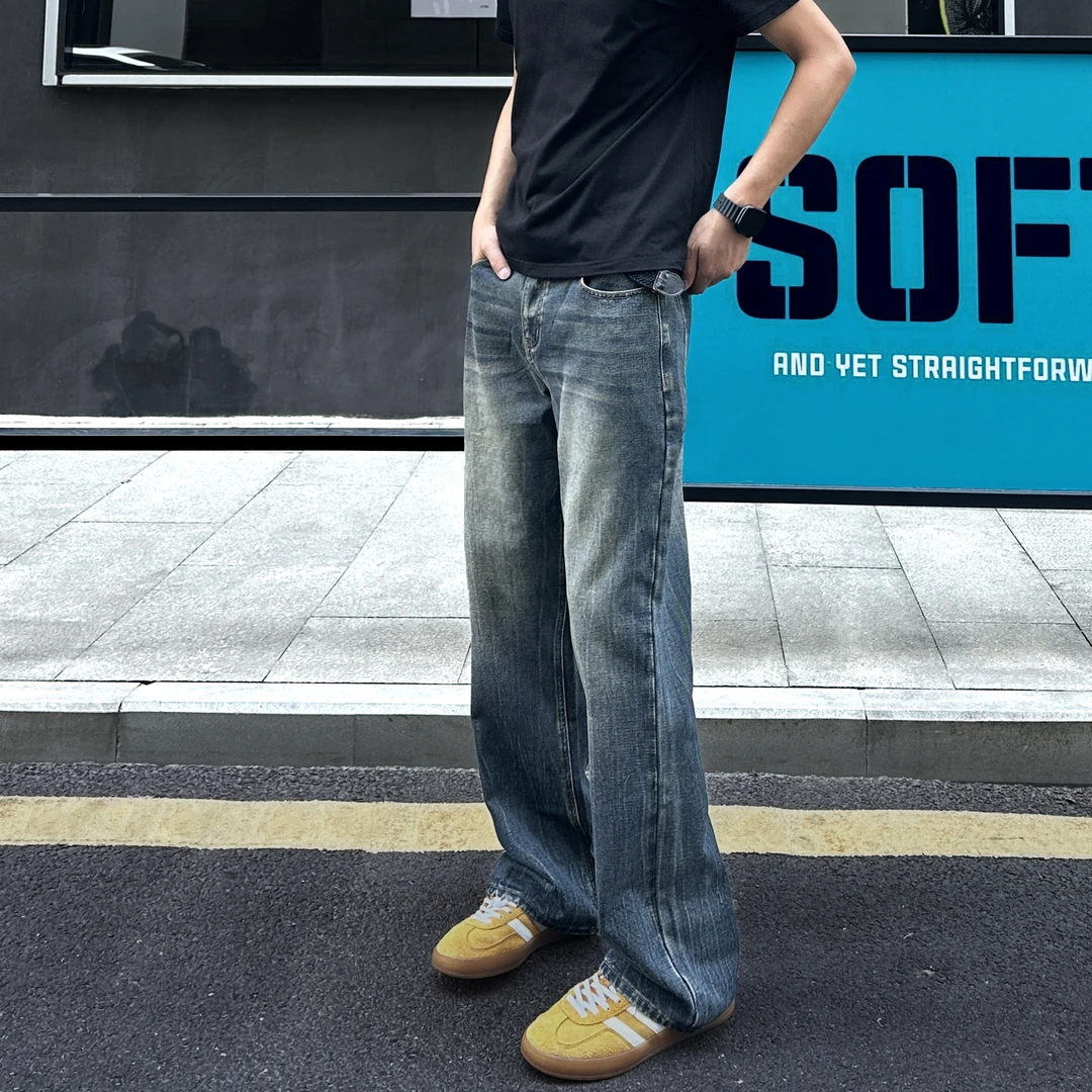 QUALCOMM美式复古蓝闪电纹直筒牛仔裤男秋季cleanfit显瘦微喇长裤