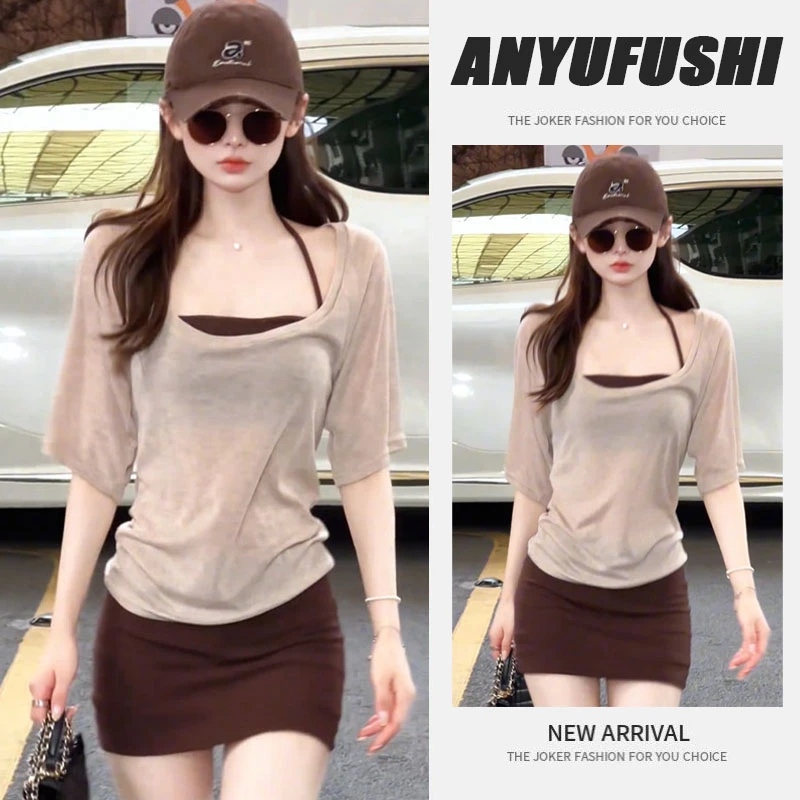 夏季套装女2025新款纯欲辣妹挂脖背心薄款微透T恤性感短裙三件套