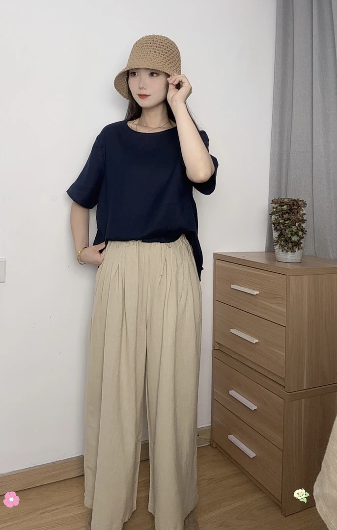 107砂洗纯亚麻薄款长裤宽松韩版休闲显瘦阔腿裤