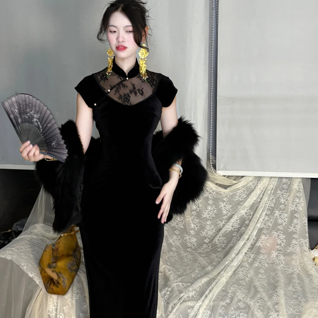 LHMknk1画报夫人原创自制手工旗袍蕾丝拼接丝绒连衣裙淮黑珍珠