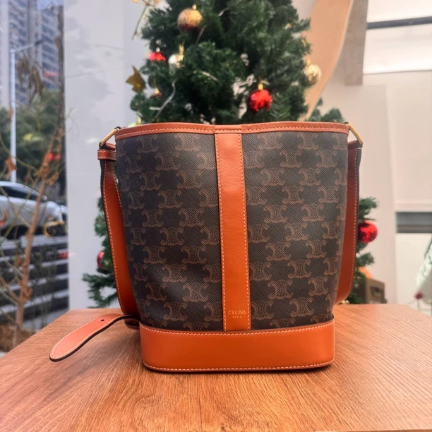 99新 Celine/思琳 老花水桶小号/单肩斜挎包/黄褐色