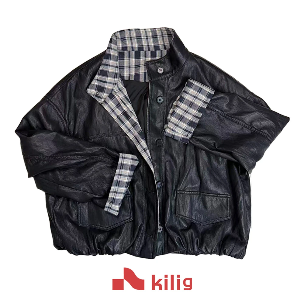 拼接圆领短款皮衣秋季薄款少女风宽松型长袖学院风