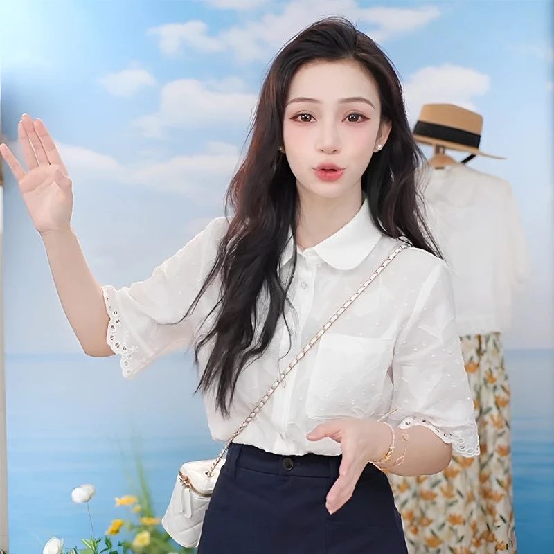 夏季新款纯棉宽松短袖提花衬衣女休闲高级感百搭衣服