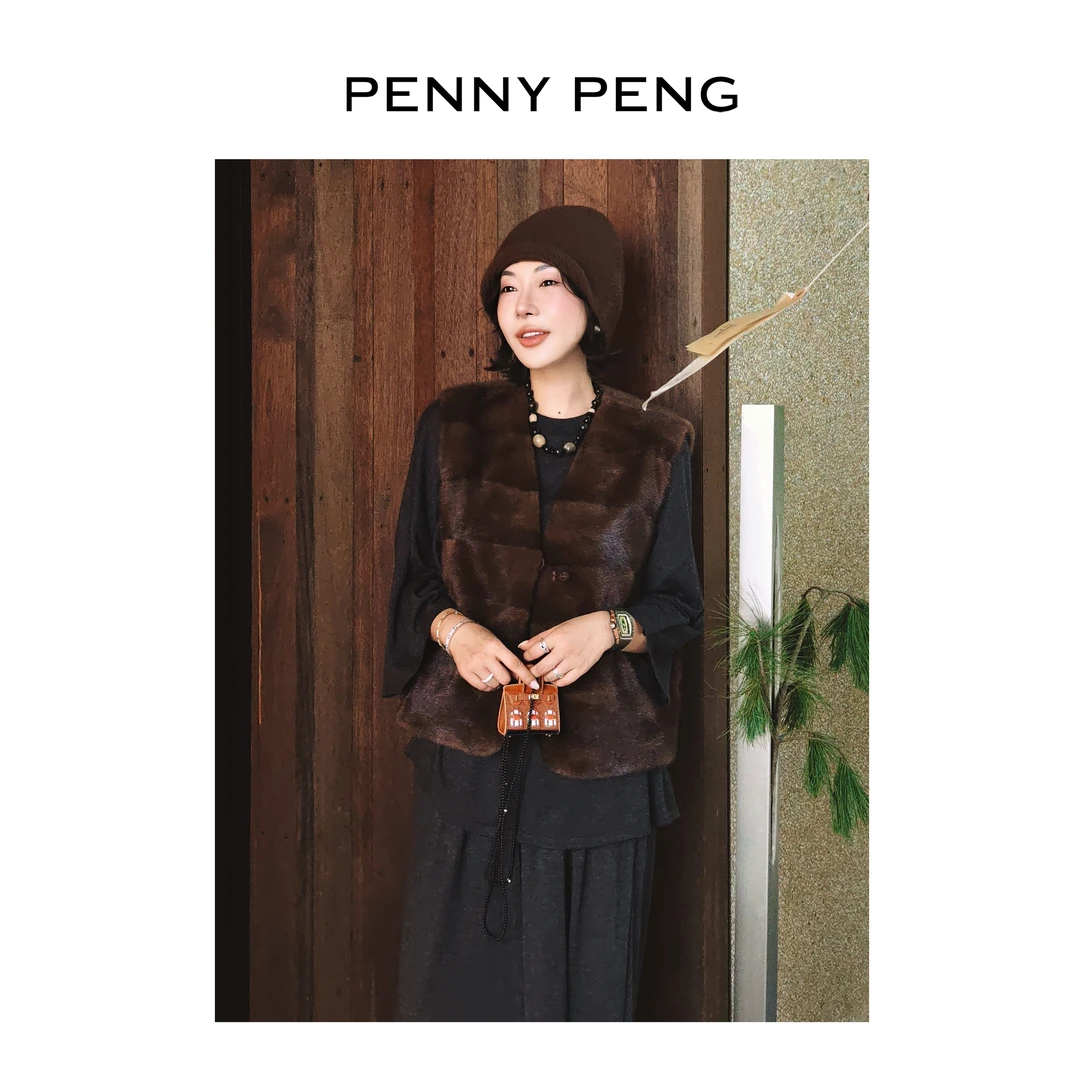 PENNYPENG 云想衣裳 黑标系列轻奢100水貂马甲酷飒风女士外套