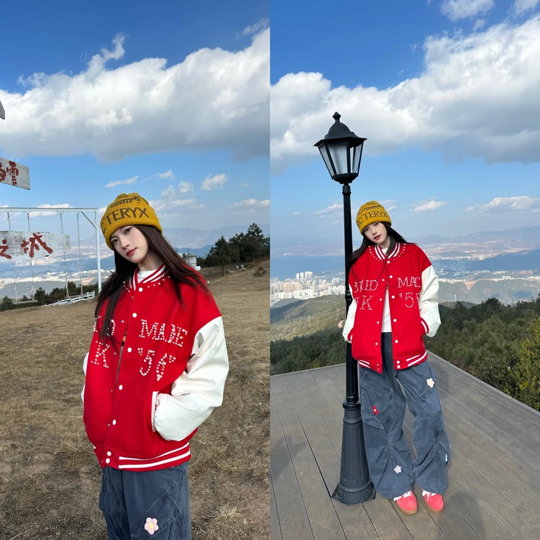 AMER 国潮美式街头嘻哈字母钉珠设计撞色立领棒球服外套情侣