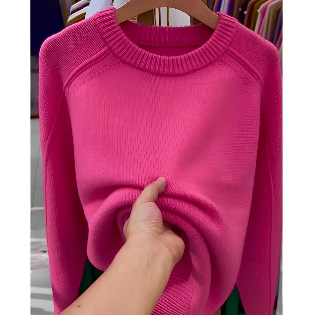 秋季新网红款时尚圆领女士套头毛衣女高级感新款长袖毛织上衣女