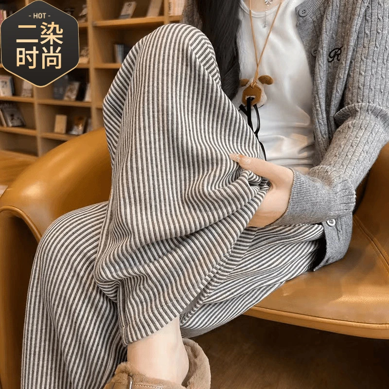 薄款慵懒风条纹裤早秋拖地裤新款宽松高腰显瘦休闲百搭长裤夏季