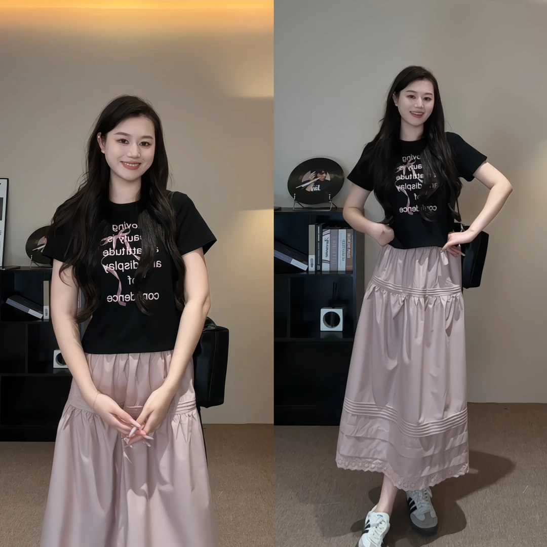 2025春季新款蝴蝶结短T➕藕粉色半身裙时尚套装两件套