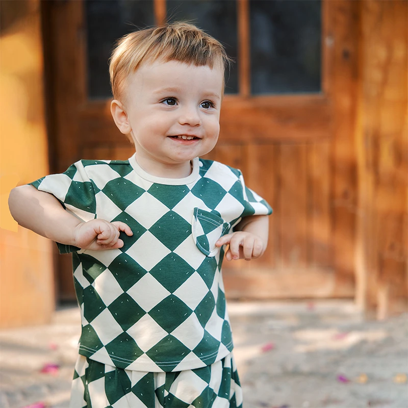 muaqiaqia男童短袖T恤女童夏季薄款上衣格子新款宝宝衣服5YXT016