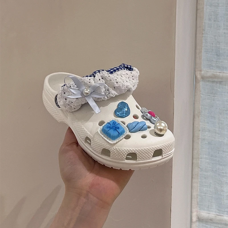 左左家夏季新款儿童百搭蕾丝洞洞鞋小女孩甜美厚底外穿包头半拖鞋