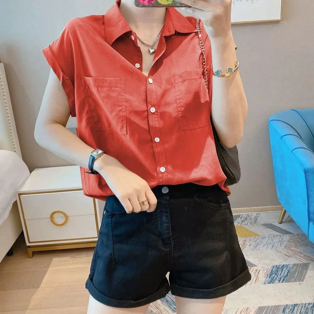 欧洲站夏装新款韩版宽松雪纺短袖衬衫女设计感小众翻领上衣女衬衣