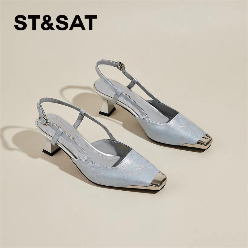 星期六真皮配裙子宴会鞋2025夏季包头凉鞋女细跟一字带中空高跟鞋