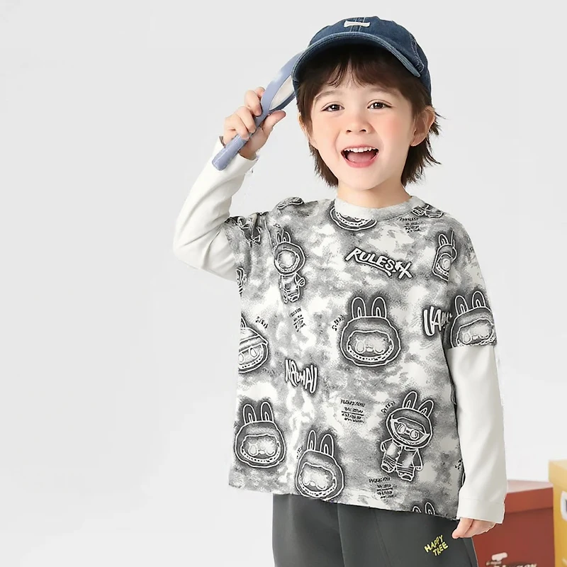 儿童长袖T恤2025春装新款中大童男童假两件打底衫上衣纯棉长袖