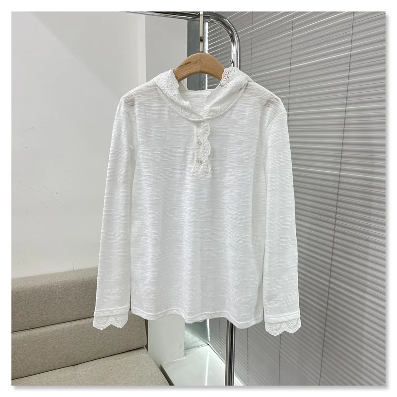 2025春夏欧洲站新款 时尚拼蕾丝花边连帽半扣长袖T恤女百搭打底衫