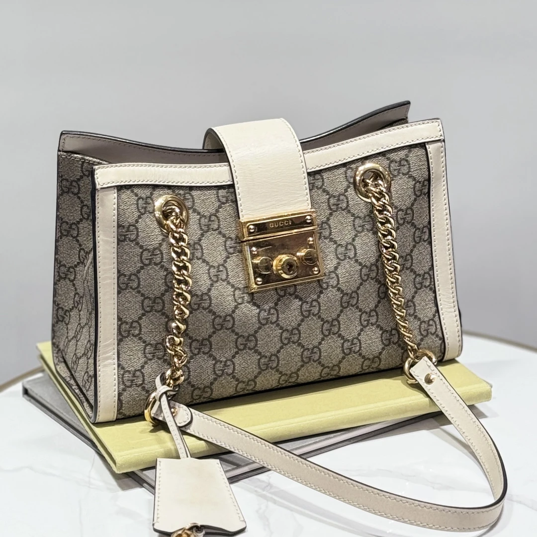 95新 GUCCI/古驰 Gucci老花拼白托特包小号