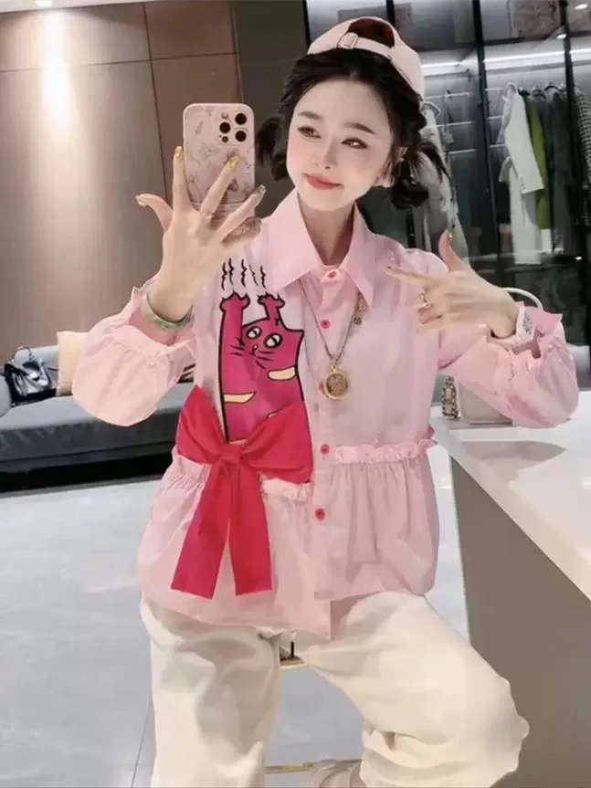 大码微胖mm2025年春季新款时尚复古法式印花蝴蝶结拼接翻领衬衫女