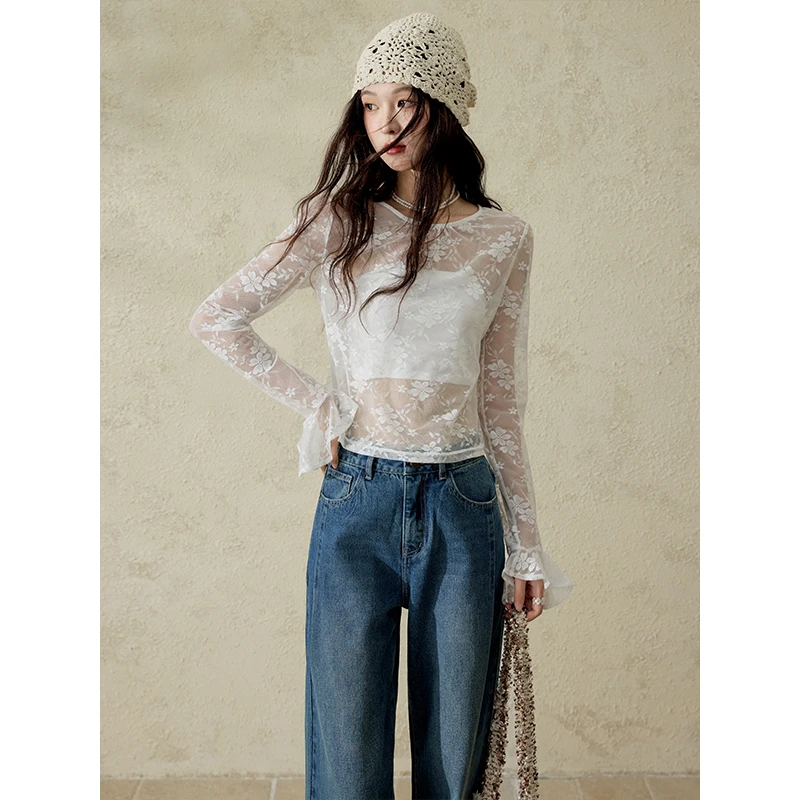 【黄蓉推荐】谜秀蕾丝小衫抹胸套装荷叶边温柔风两件套MXE16X1728