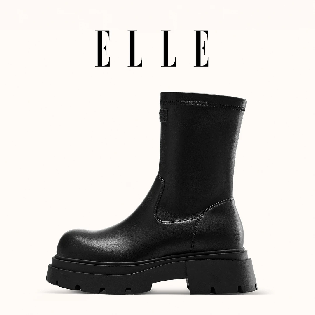 ELLE真皮厚底切尔西靴女鞋2025新款秋冬烟筒靴小个子增高加绒短靴