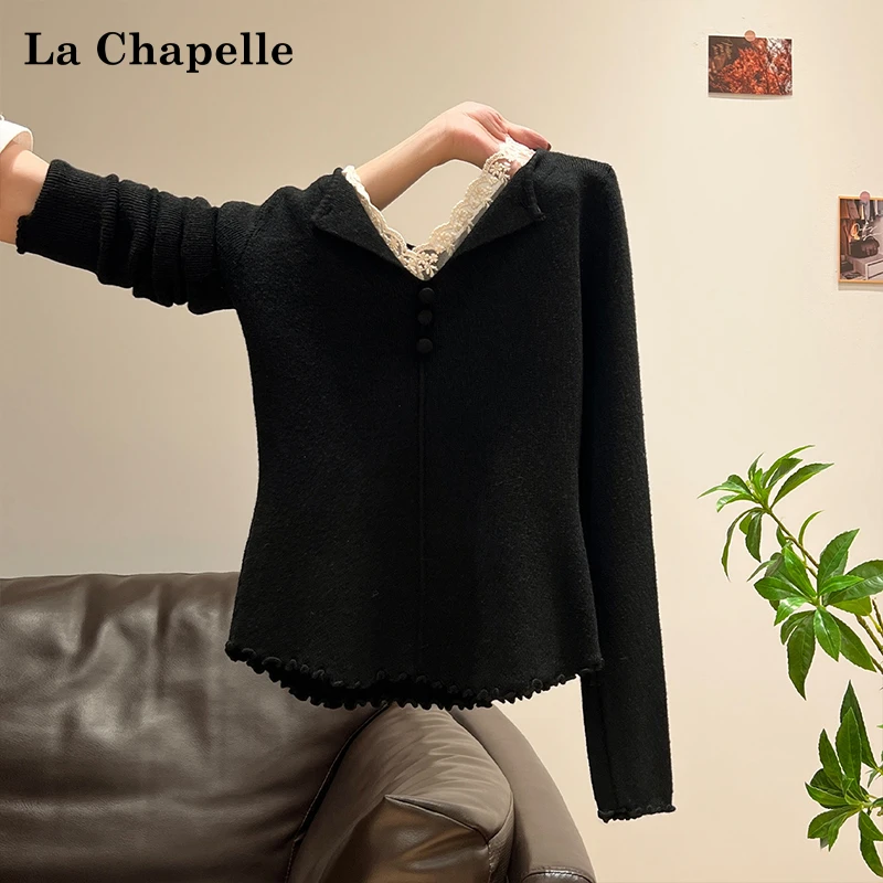 拉夏贝尔甜美气质蕾丝拼接长袖针织衫女秋冬新款木耳边黑色打底衫