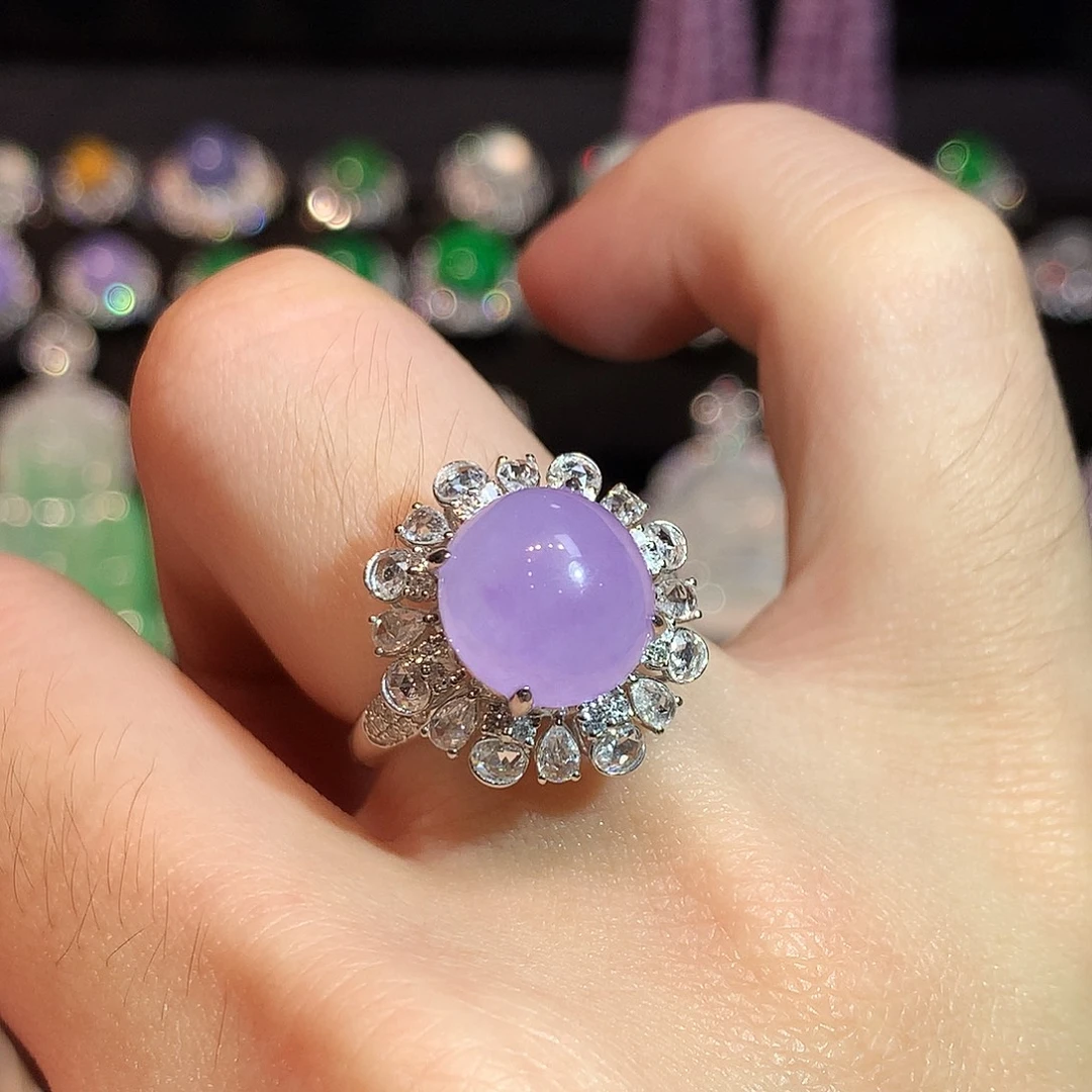 翡翠18K金镶嵌戒指正冰粉紫蛋面戒指