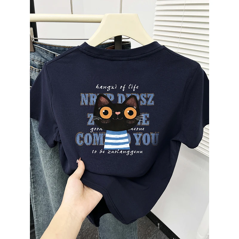 韩系小猫字母前后印花短袖T恤女春夏季新款正肩小版显瘦圆领上衣