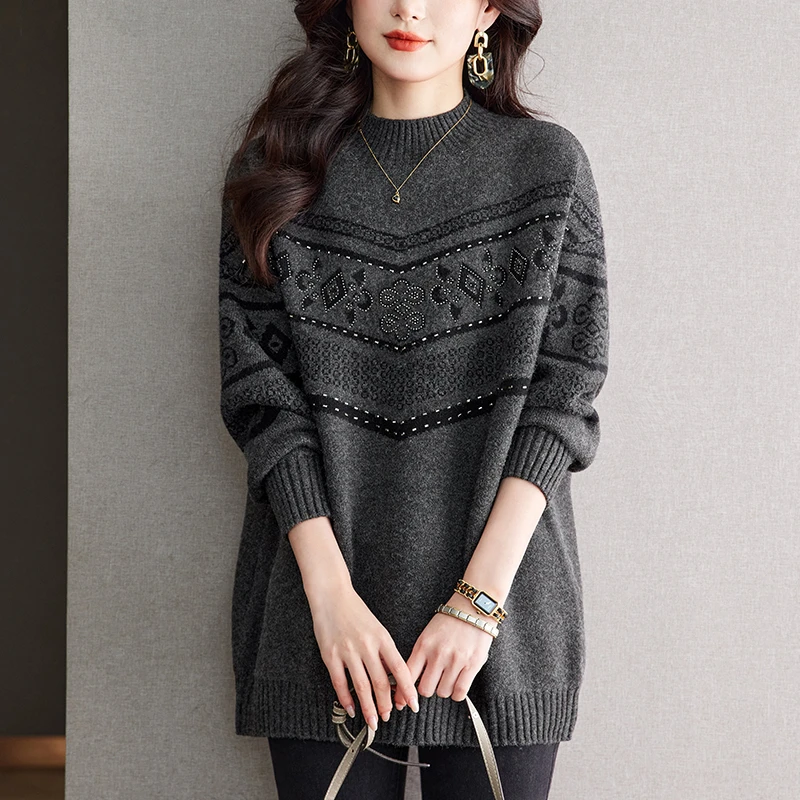 秋冬加肥加大中长款打底衫女宽松显瘦遮肉大码外穿半高领针织毛衣