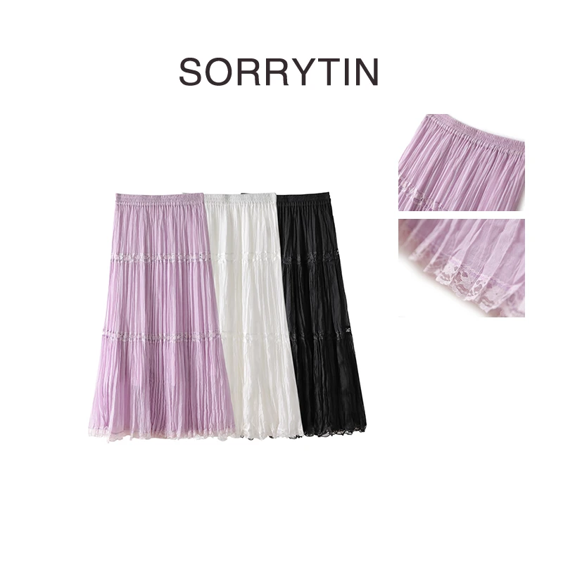 《芙蕾雅的阶梯》SORRYTIN 精美蕾丝花边拼接 层次中长款百褶半裙