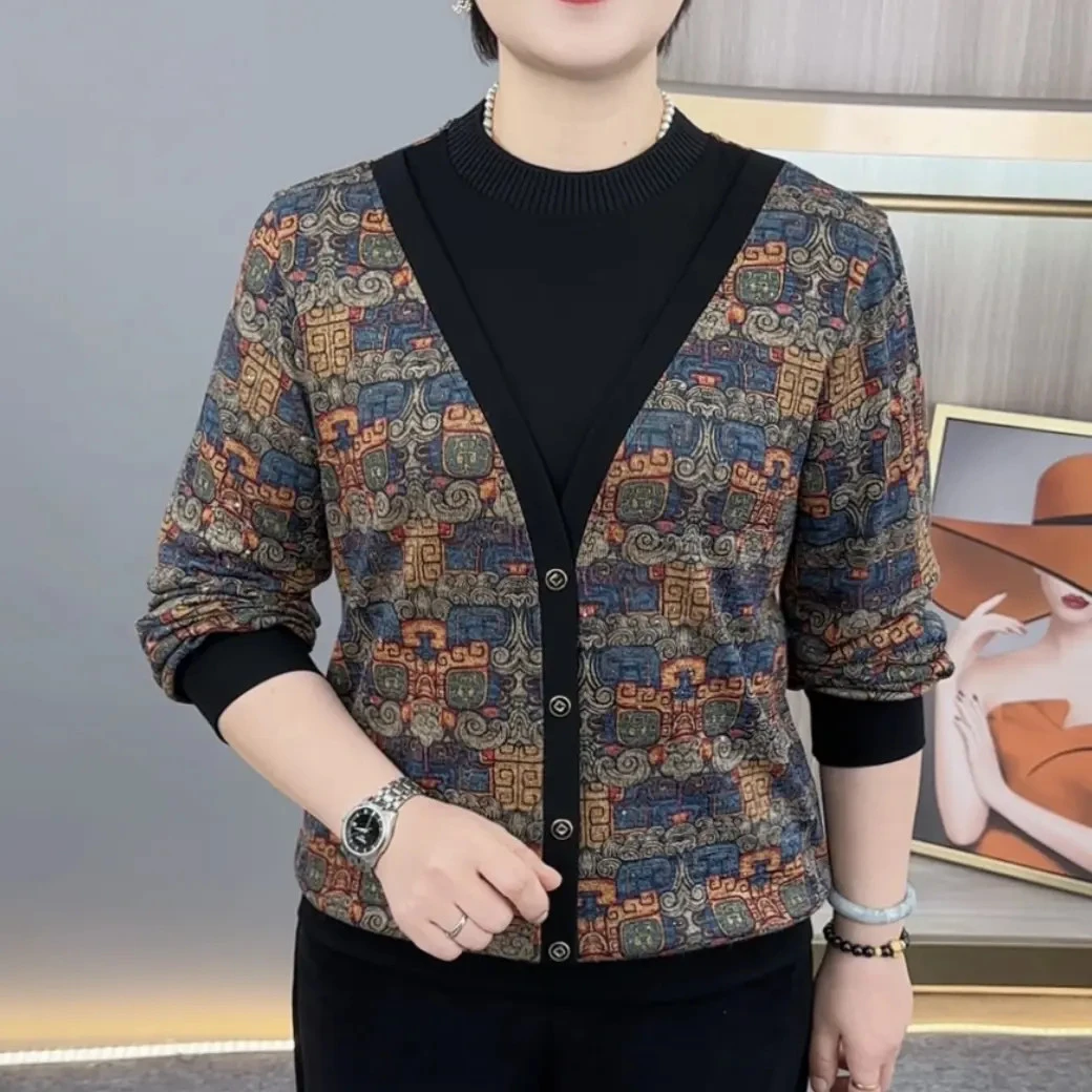 秋季新款时尚假两件设计洋气妈妈装宽松显瘦百搭休闲长袖上衣H592