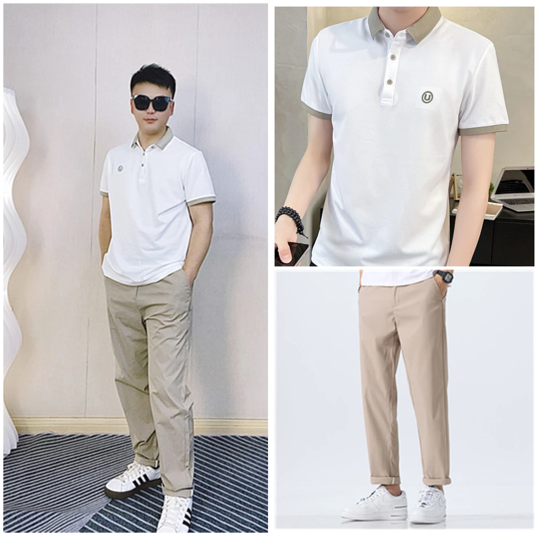 夏季男士套装翻领棉质POLO衫肌理感休闲西裤刺绣短袖上衣两件套