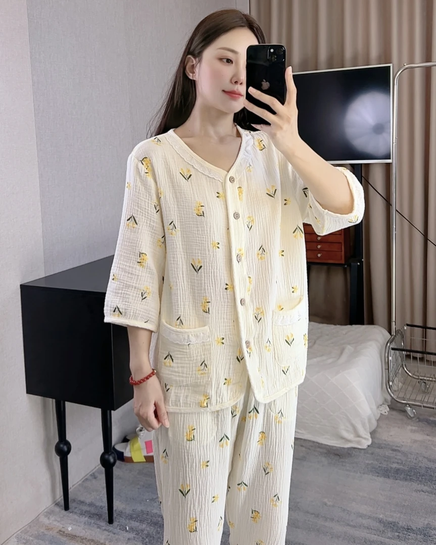 【清货】100%纯棉母婴级双层棉纱七分袖长裤家居服套装