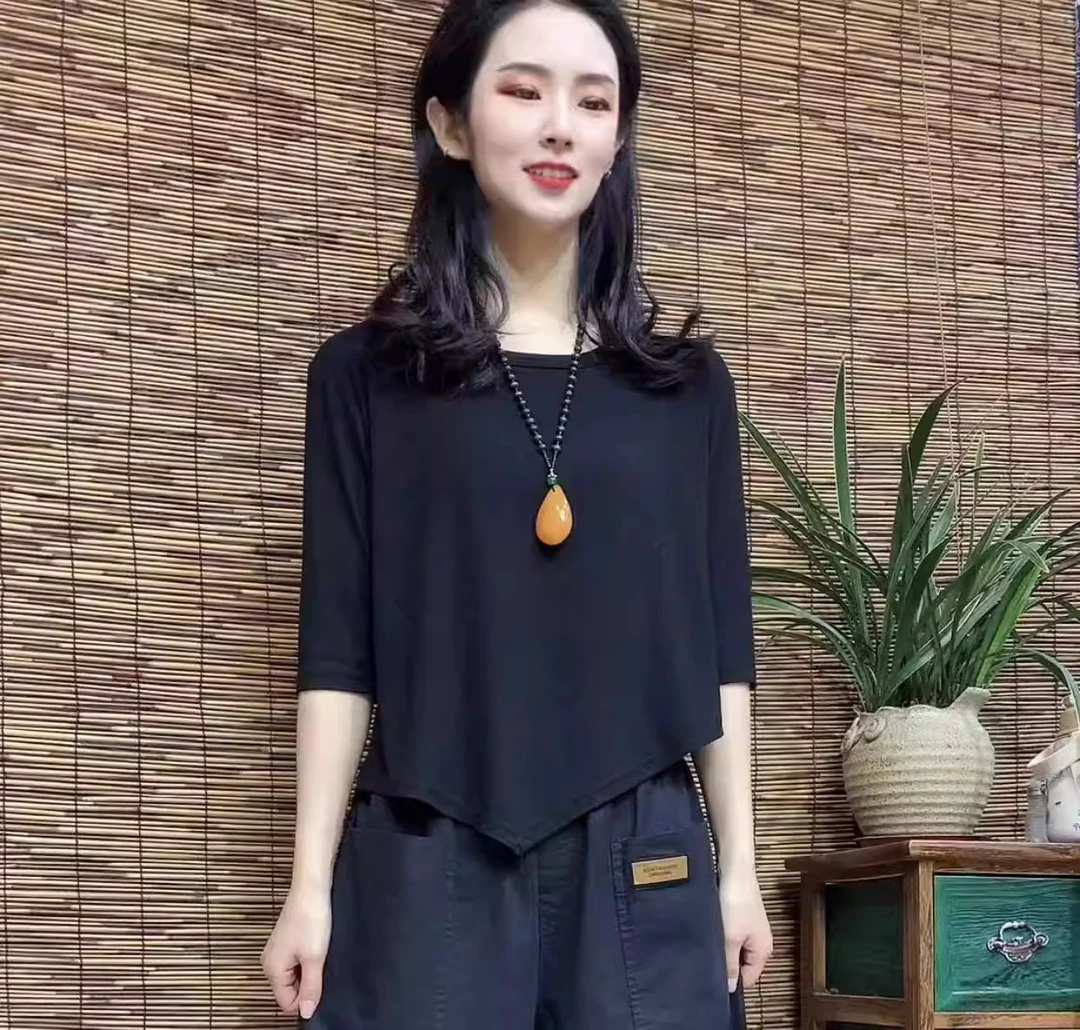 网红同款不规则上衣女新款莫代尔T恤大码宽松圆领打底衫