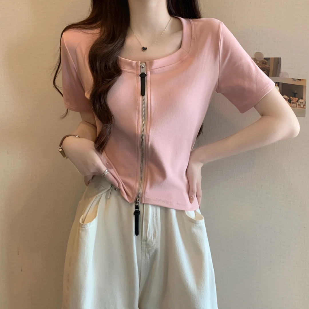 大码女装遮肚子正肩短袖T恤打底衫夏季胖mm百搭显瘦短款方领上衣