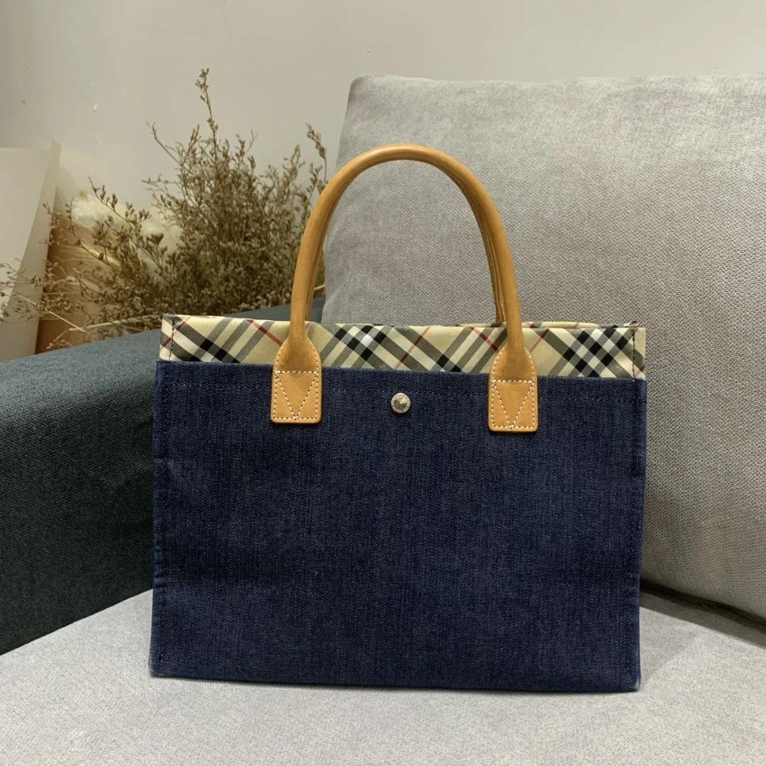 95新 BURBERRY/博柏利 XM/牛仔蓝丹宁格纹手提菜篮子/JJ12523878