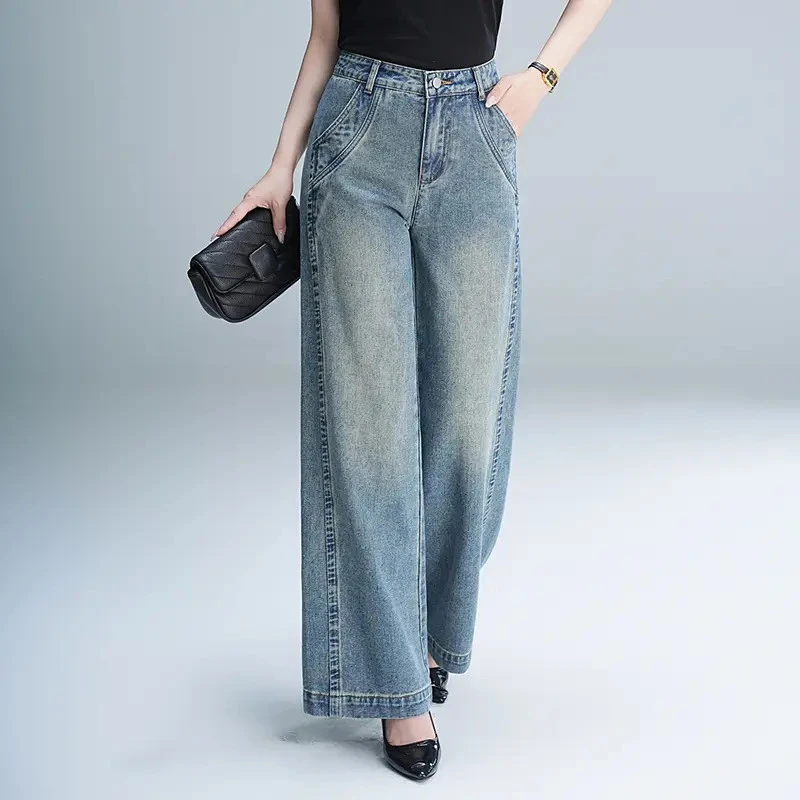 2025秋季新款浅蓝色水洗牛仔蓝高腰牛仔阔腿裤女宽松显高显瘦长裤