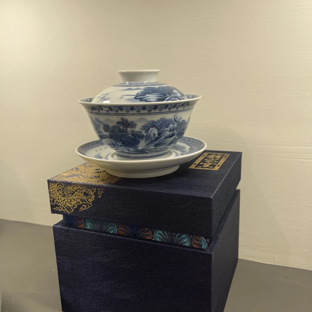 钟家窑 柴窑 纯手绘 青花 湖光山色盖碗 150毫升