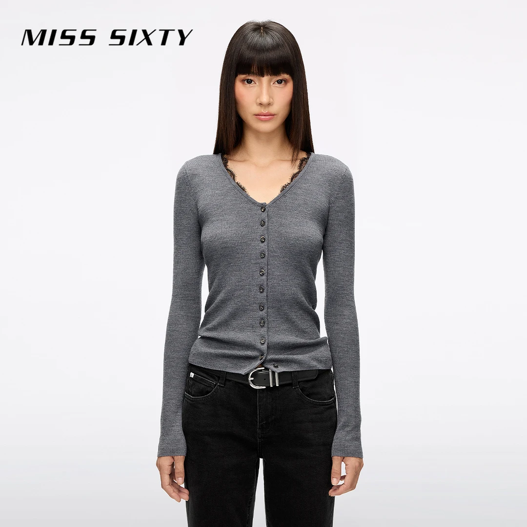 Miss Sixty2025秋季新款羊毛针织开衫女V领蕾丝拼接修身短款上衣