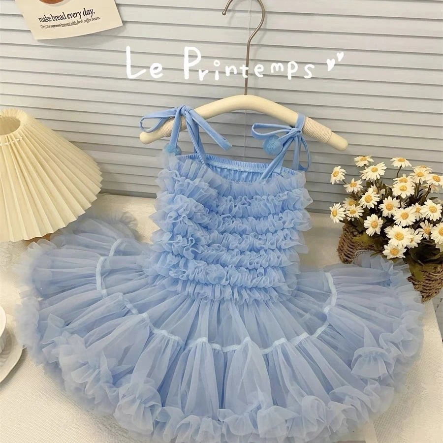 蓝色夏季新款tutu裙可爱吊带露背子女宝宝周岁生日礼服蛋糕裙