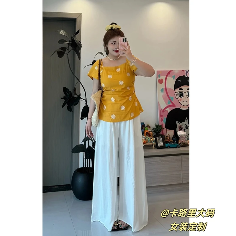 大码微胖甜美风小飞袖短袖T恤上衣阔腿裤两件套2950#