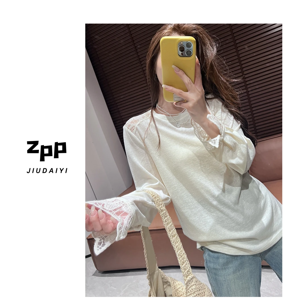 玖黛衣现货【纯净氧气】新款圆领蕾丝拼接显瘦百搭T恤TXP38141