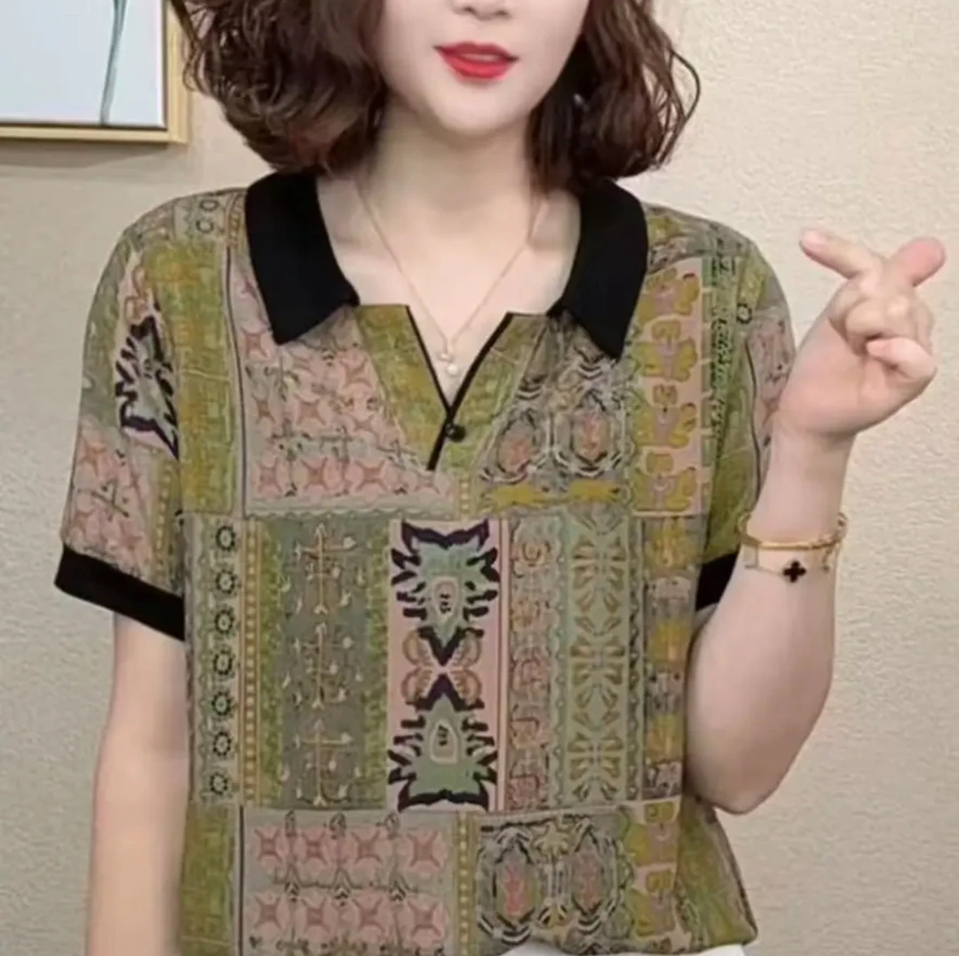2025夏季新款时尚洋气百搭减龄显瘦气质女短袖小翻领T恤上衣