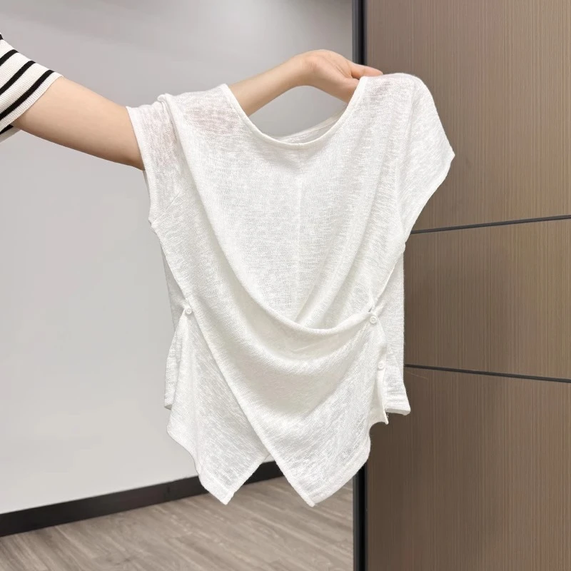 白色微透纽扣圆领短袖T恤女2025夏季新款设计感修身显瘦绝美上衣