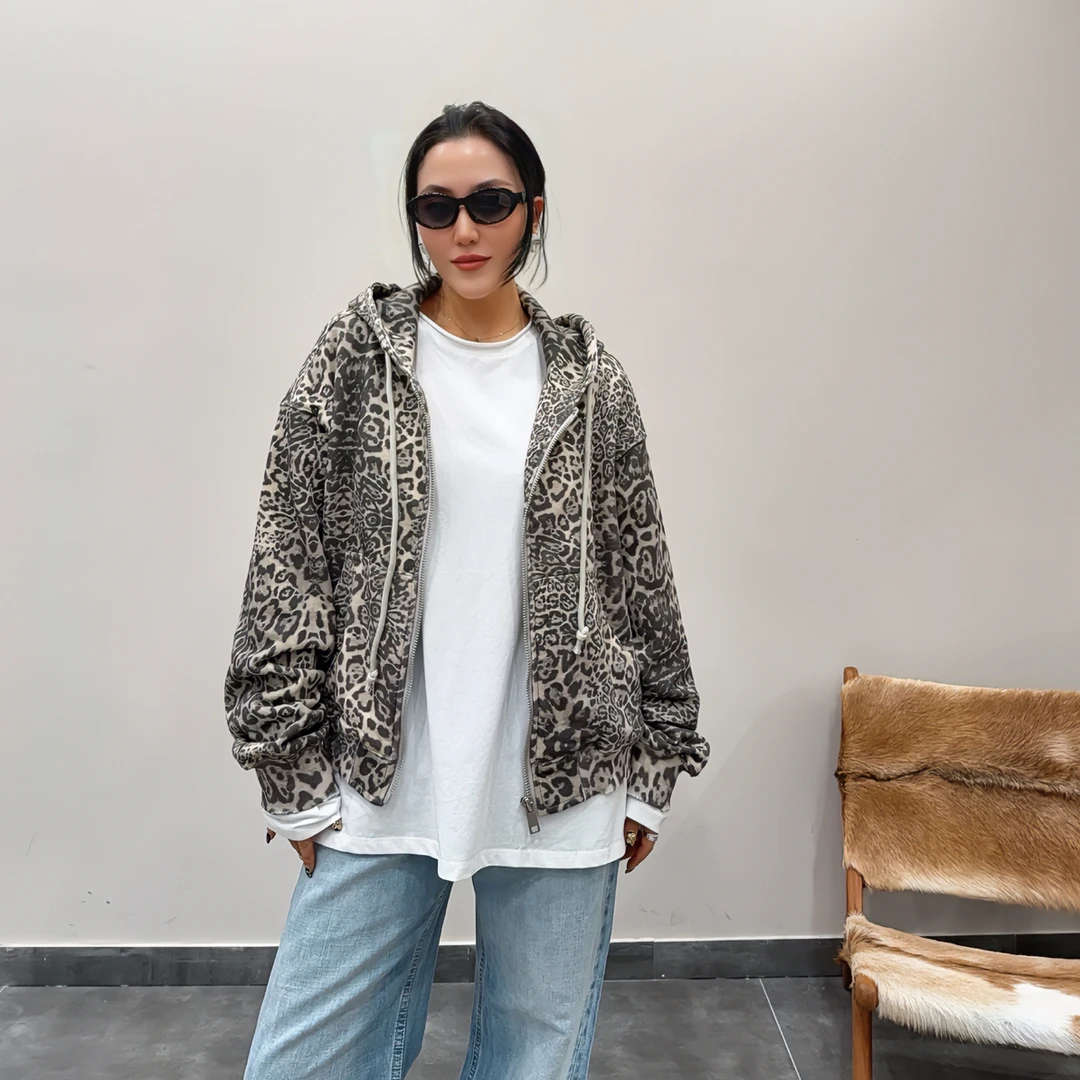 FG·STUDIO 灰豹纹连帽开衫卫衣