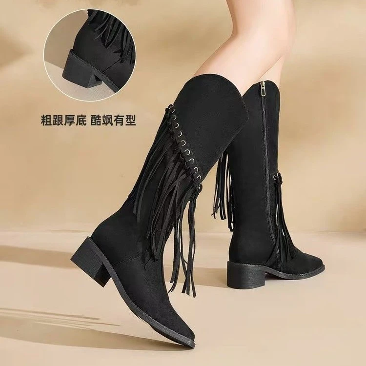 2025新款绒面复古流苏尖头中跟v口长筒靴女粗跟侧拉链骑士靴秋冬