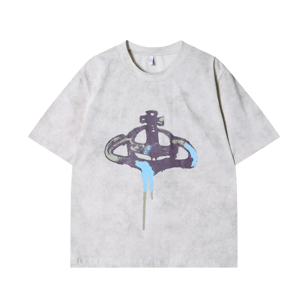 夏季新款时尚个性韩版土星印花扎染圆领短袖T恤百搭情侣套头上衣