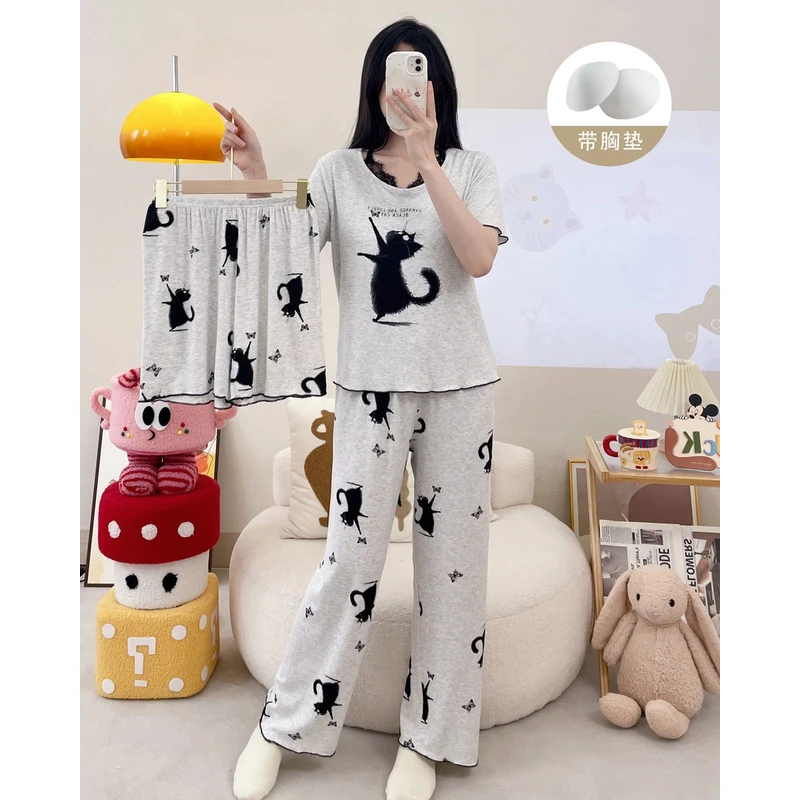 莫代尔睡衣薄款套装纯棉女夏季带胸垫三件套2025新款时尚家居服