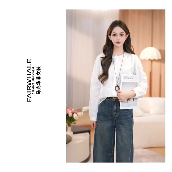 马克华菲2025秋季新款法式纯棉花边通勤立领女衬衫F53003A508 qq