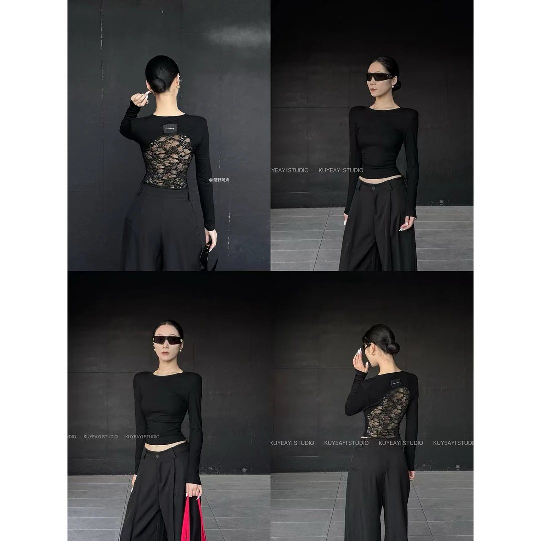 KUYEAYI / 圆领正肩后背蕾丝拼接上衣