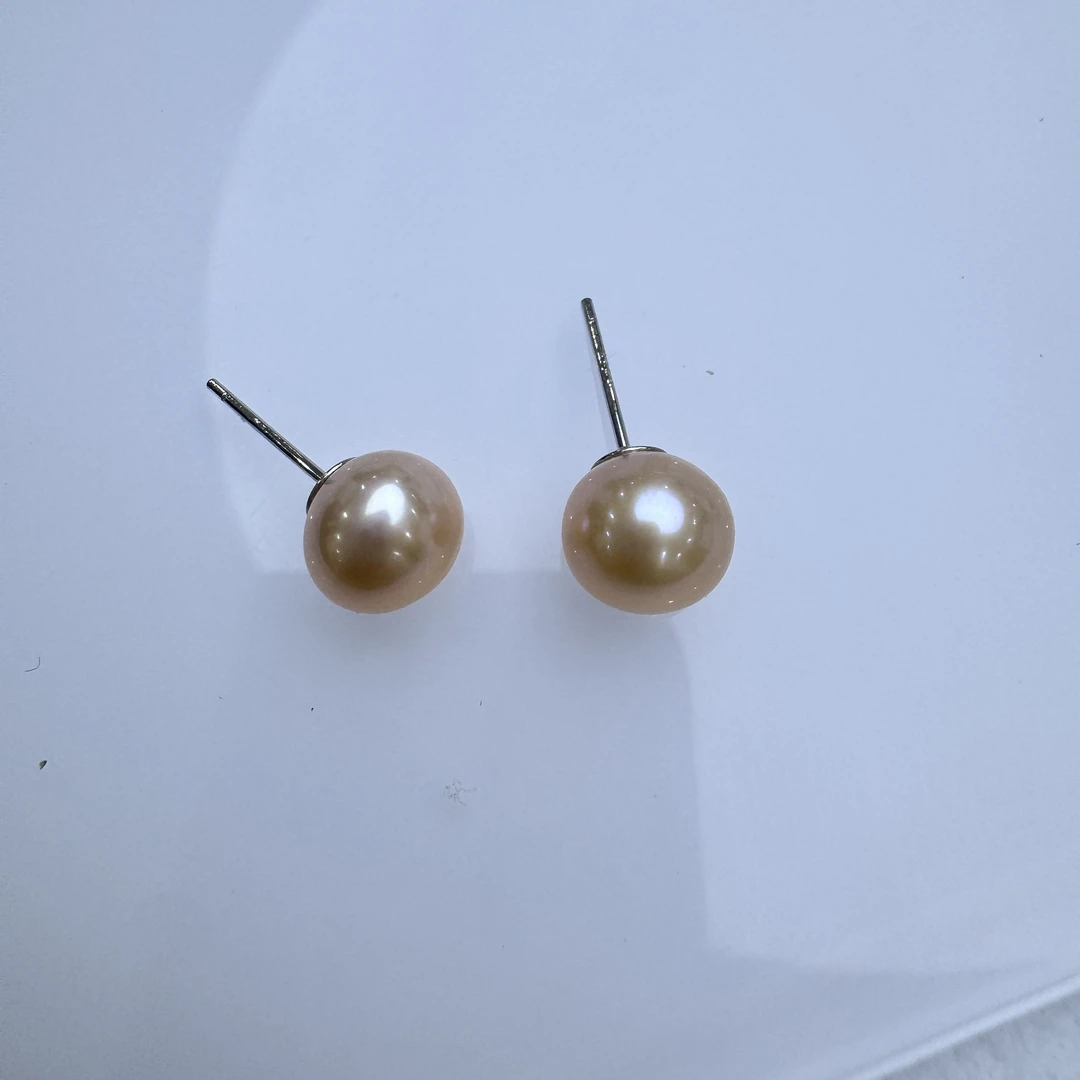 【中国红-无核】8mm天然淡水无核珍珠耳钉S925银镶嵌气质时尚简单