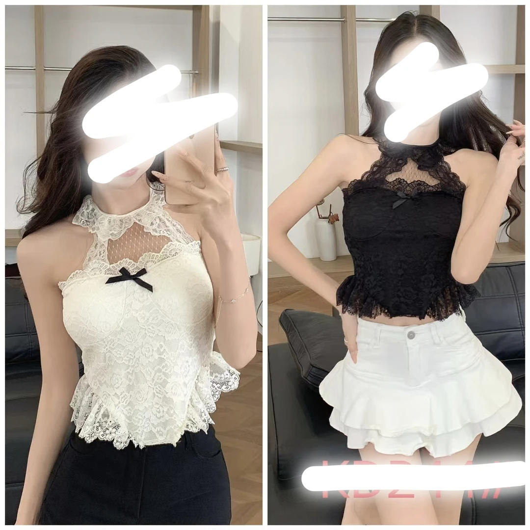 纯欲风蝴蝶结蕾丝挂脖背心女早春新款吊带辣妹无袖打底上衣内搭潮