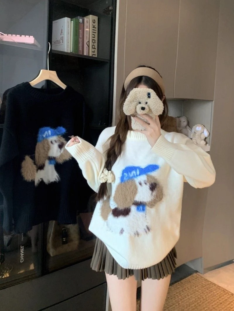 国潮美式复古毛绒小狗提花毛衣休闲套头针织衫外套上衣内搭打底女